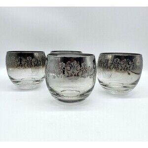 4 Dorothy Thorpe MCM Silver Fade Raised Luster Lace Lowball Whiskey Four Glasses